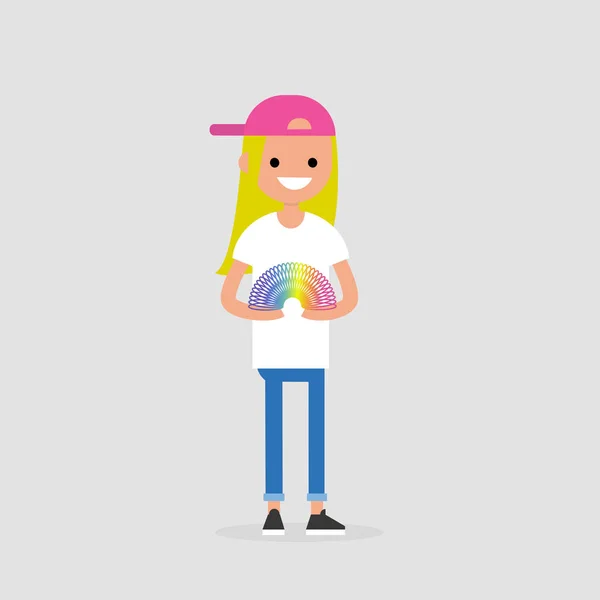 Personaje Femenino Joven Jugando Con Juguete Resorte Arco Iris Ilustración — Archivo Imágenes Vectoriales