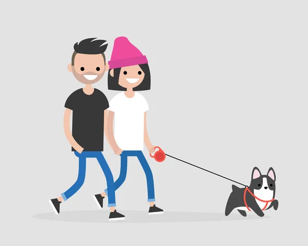 Casal Milenar Passear Cão Vida Diária Proprietários Animais Estimação Ilustração —  Vetores de Stock