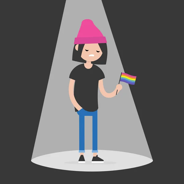 年轻不安的同性恋角色站在聚光灯下 Lgbtq 的旗帜 平面可编辑矢量插图 剪贴画 — 图库矢量图片