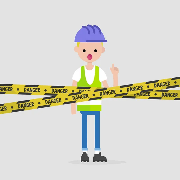 Young engineer wearing a hard hat and a reflecting vest. Caution — Stock Vector