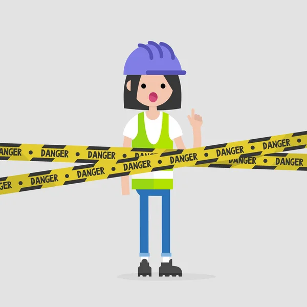 年轻的女工程师戴着安全帽和反光背心 危险的黄色胶带 工业例证 平面矢量插图 剪贴画 — 图库矢量图片