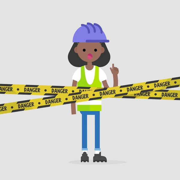 若い黒の女性のエンジニアはハード帽子と反射ベストを身に着けています 危険黄色テープ 工業用イラスト フラット ベクトル図 クリップアート — ストックベクタ
