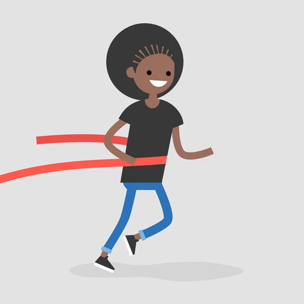 Joven Personaje Femenino Negro Corriendo Cruzando Línea Meta Cinta Roja — Archivo Imágenes Vectoriales