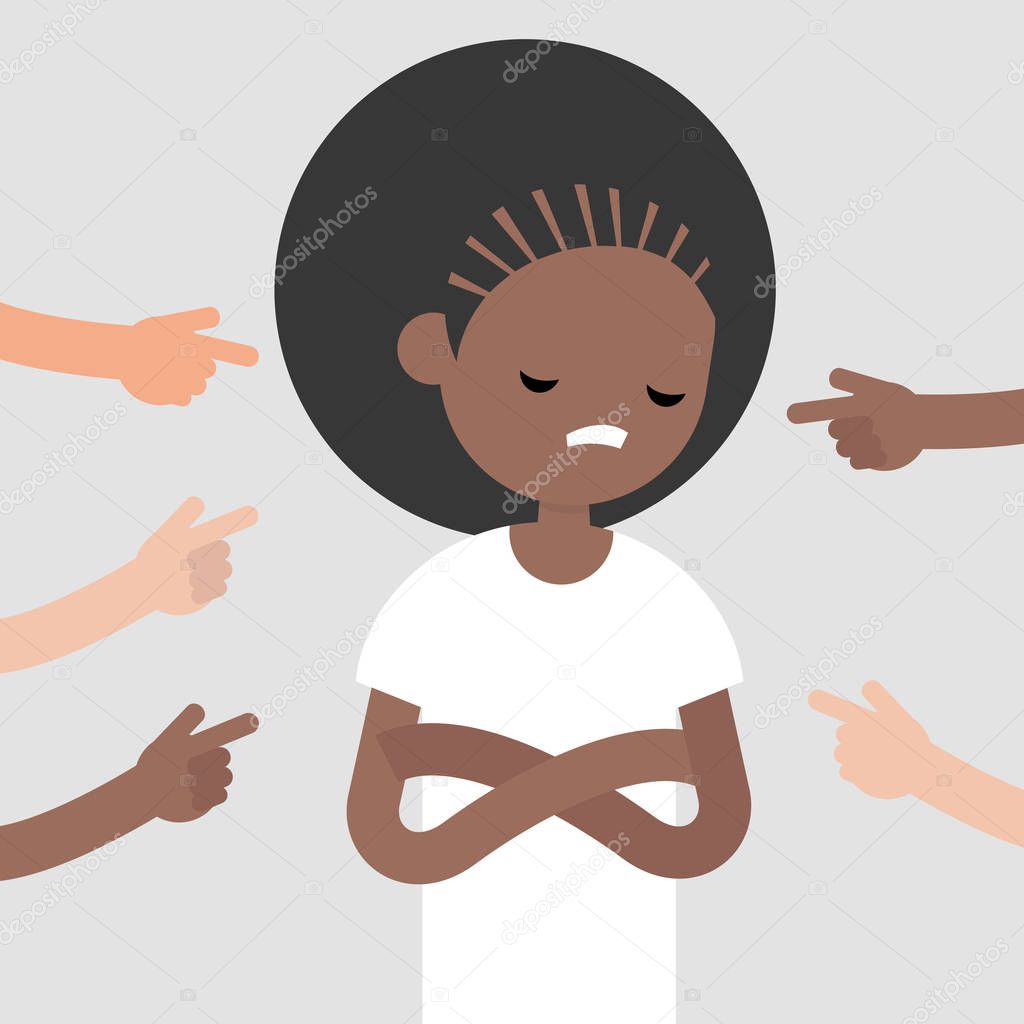 Victim of a bullying. Fingers pointing on the upset character. Mocking. Sexism. Racism. Misogyny. Conviction of the crowd. Flat editable vector illustration, clip art