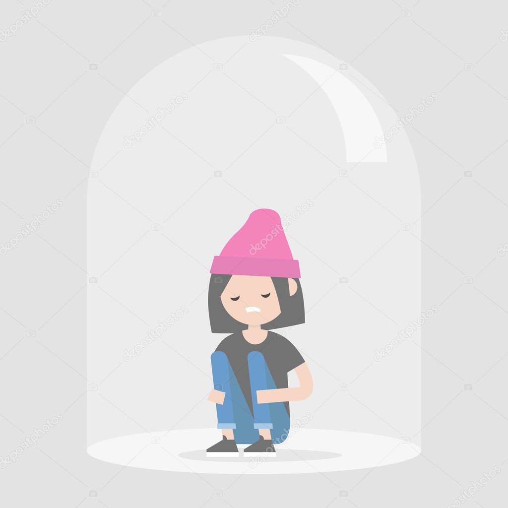 Young upset female character sitting under the glass dome. Introvert. Depression. Flat editable vector illustration, clip art