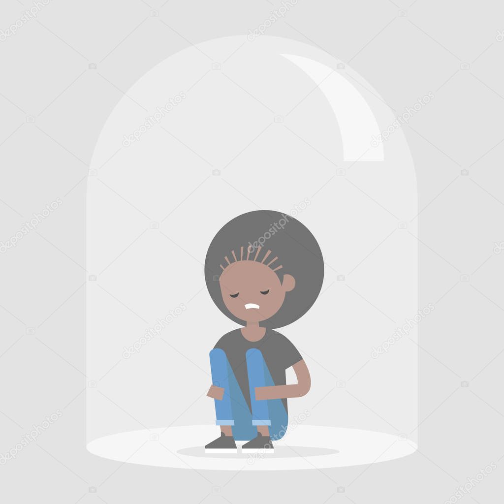 Young upset black girl sitting under the glass dome. Introvert. Depression. Flat editable vector illustration, clip art