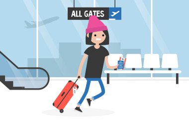 Bagaj, belgeler ve biniş kartı tutan Havaalanı terminal üzerinden çalışan genç geç yolcu. Seyahat. Uçuş. Turist. Kavram. Düz düzenlenebilir vektör çizim, küçük resim