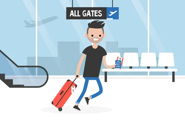 Молодий Пізній Пасажир Проходить Через Термінал Аеропорту Тримає Багаж Документи — стоковий вектор
