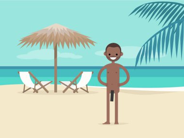 Çıplaklar Plajı. Genç karakter tatilde. İki şezlong palmiye ağacı şemsiyesi altında. Arka plan. Cennet. Düz düzenlenebilir vektör çizim, küçük resim
