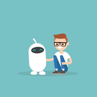 İnsan ve robot dostluk. Yeni teknolojiler. Düz düzenlenebilir vektör çizim, küçük resim