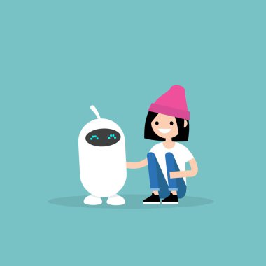 İnsan ve robot dostluk. Yeni teknolojiler. Düz düzenlenebilir vektör çizim, küçük resim
