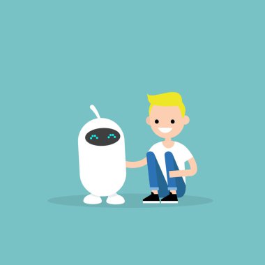 İnsan ve robot dostluk. Yeni teknolojiler. Düz düzenlenebilir vektör çizim, küçük resim
