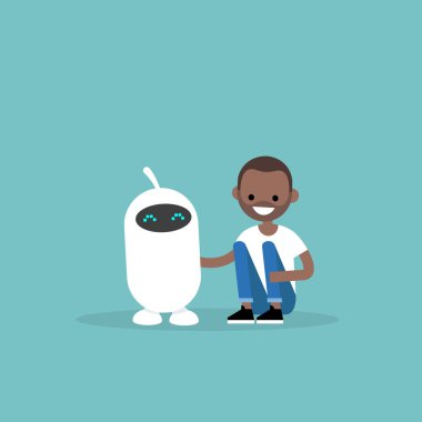 İnsan ve robot dostluk. Yeni teknolojiler. Düz düzenlenebilir vektör çizim, küçük resim