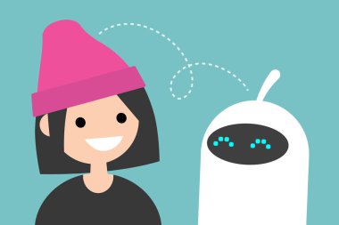 İnsan ve robot iletişim. Yeni teknolojiler. Düz düzenlenebilir vektör çizim, küçük resim