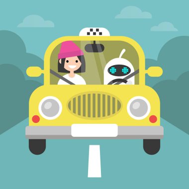 Sürücüsüz araç kavramsal çizimi. Sevimli robot bir vergi sürüş
