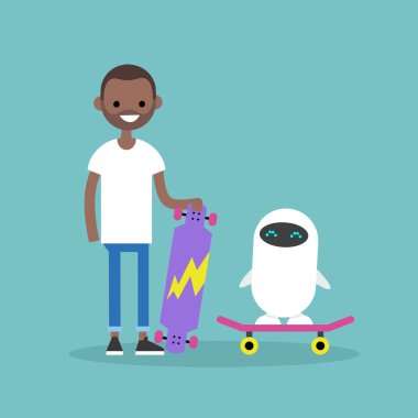 Millennial black boy teaching a robot to ride on a skateboard / 