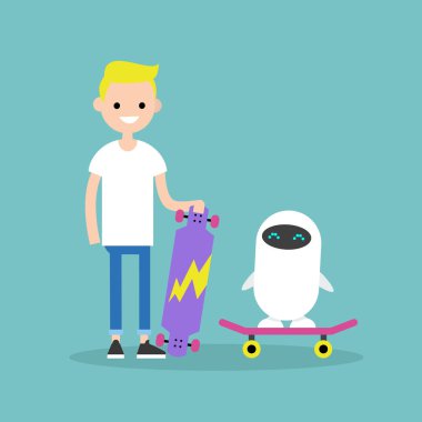 Bir kaykay üzerinde binmek / düzenlenebilir düz için bin yıllık çocuk bir robot öğretim illüstrasyon vektör