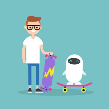 Bir kaykay üzerinde binmek için bir robot öğretim bin yıllık çocuk / düz e