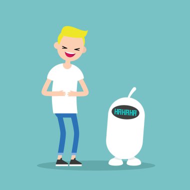 Genç sarışın çocuk ve yüksek sesle / daire vektör düzenlenebilir çizim gülüyor sevimli robot