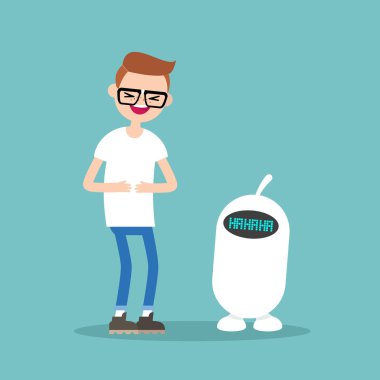 Genç nerd ve yüksek sesle / daire vektör düzenlenebilir çizim gülüyor sevimli robot