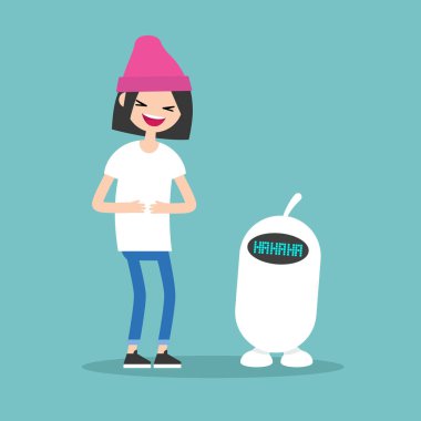 Genç esmer kız ve yüksek sesle / daire vektör düzenlenebilir çizim gülüyor sevimli robot