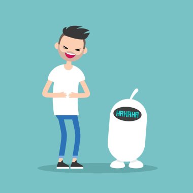 young man and cute robot laughing out loud / flat vector editable illustration clipart