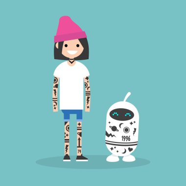 Alt kültür dövme. İnsan ve robot tamamen dövmeler ile kaplıdır / daire düzenlenebilir vektör resim, küçük resim