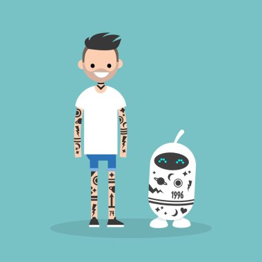 Alt kültür dövme. İnsan ve robot tamamen dövmeler ile kaplıdır / daire düzenlenebilir vektör resim, küçük resim