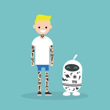 Alt kültür dövme. İnsan ve robot tamamen dövmeler ile kaplıdır / daire düzenlenebilir vektör resim, küçük resim
