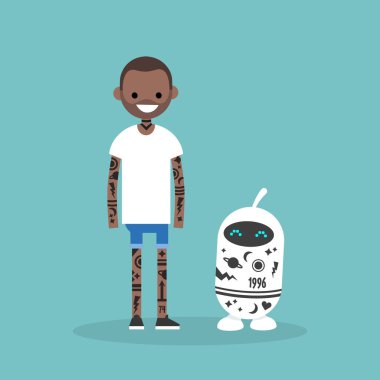 Alt kültür dövme. İnsan ve robot tamamen dövmeler ile kaplıdır / daire düzenlenebilir vektör resim, küçük resim