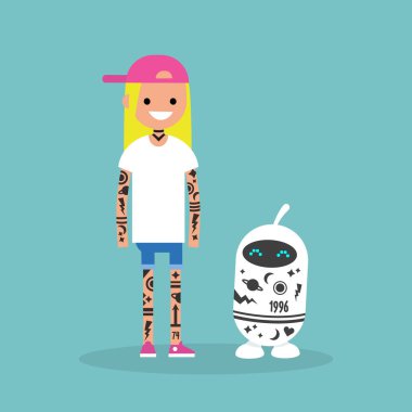 Alt kültür dövme. İnsan ve robot tamamen dövmeler ile kaplıdır / daire düzenlenebilir vektör resim, küçük resim