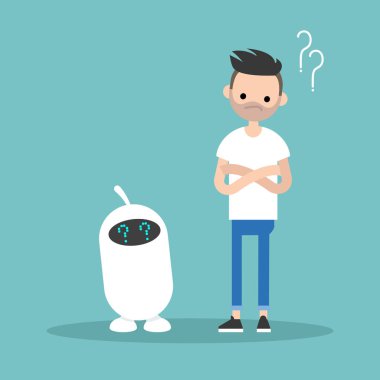 Vektör resim, küçük resim insan ve yapay zeka bir soruya cevap / düzenlenebilir düz için