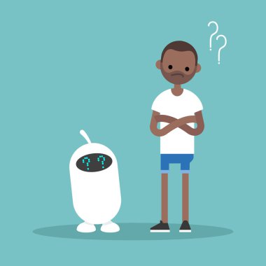 Vektör resim, küçük resim insan ve yapay zeka bir soruya cevap / düzenlenebilir düz için