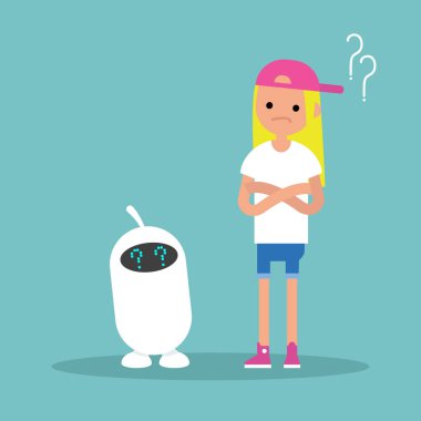 Vektör resim, küçük resim insan ve yapay zeka bir soruya cevap / düzenlenebilir düz için