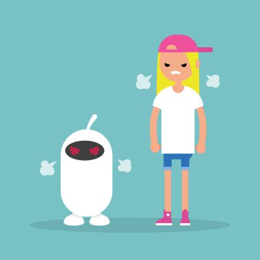 Kızgın karakterler bir buhar üfleme. Düz çizgi film vektör illustrati