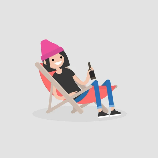 Joven Personaje Femenino Sentado Chaise Lounge Bebiendo Cerveza Vacaciones Verano — Archivo Imágenes Vectoriales