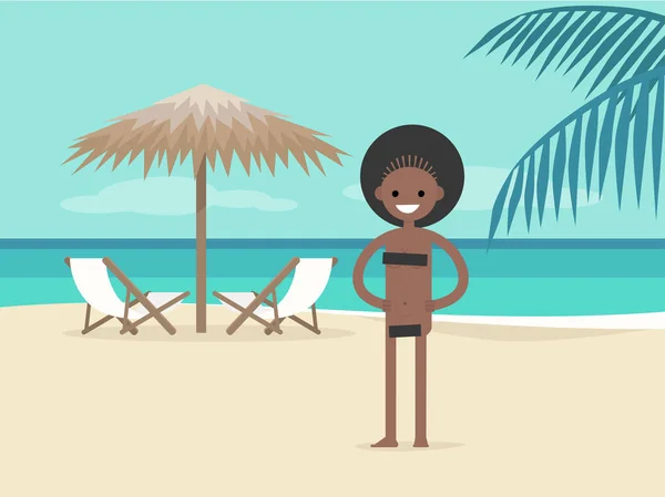 Spiaggia Nudista Giovane Personaggio Vacanza Due Chaise Longue Sotto Ombrellone — Vettoriale Stock