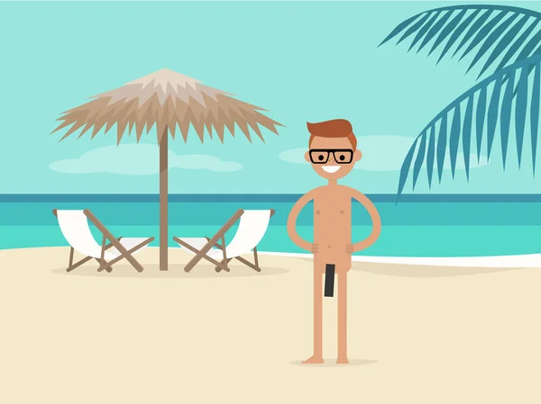 Playa nudista. Joven personaje de vacaciones. Dos chaise lounges u — Vector de stock