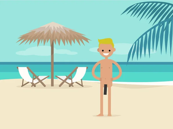 Playa Nudista Joven Personaje Vacaciones Dos Tumbonas Bajo Paraguas Palmera — Vector de stock