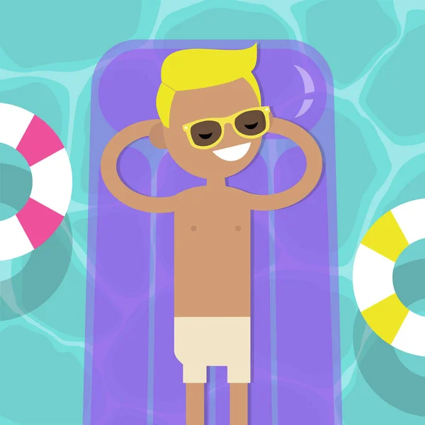 Der Junge Charakter Liegt Auf Der Aufblasbaren Matratze Schwimmbad Ansicht — Stockvektor