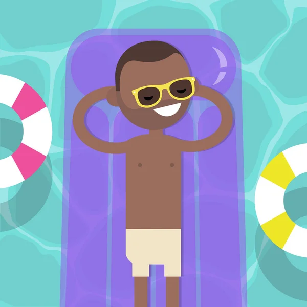 Joven Personaje Negro Acostado Colchón Inflable Piscina Vista Superior Ilustración — Vector de stock