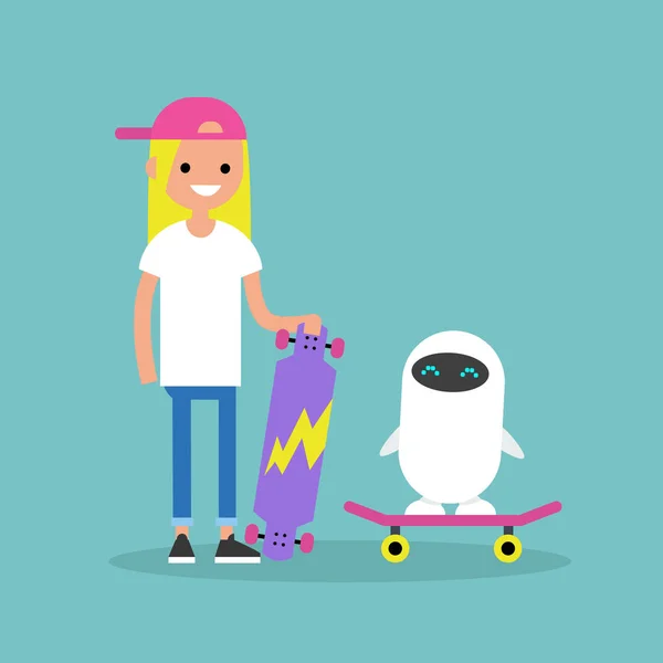 Fille Millénaire Enseignant Robot Monter Sur Skateboard Illustration Vectorielle Modifiable — Image vectorielle