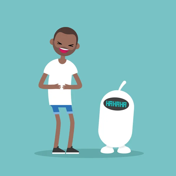 年轻的黑人男子和可爱的机器人笑出声 平面矢量可编辑插图 — 图库矢量图片