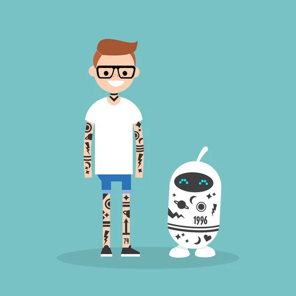 Tattoo Subculture Human Robot Fully Covered Tattoos Flat Editable Vector — Stock Vector