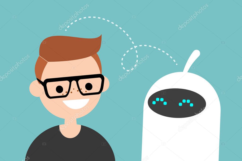 Human and robot communication. New technologies. Flat editable vector illustration, clip art