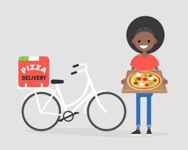 Pizza teslim Servisi. Margarita kutusuyla tutan genç kurye. Bisiklet. Düz düzenlenebilir vektör çizim, küçük resim