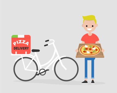Pizza teslim Servisi. Margarita kutusuyla tutan genç kurye. Bisiklet. Düz düzenlenebilir vektör çizim, küçük resim