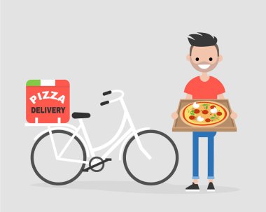 Pizza teslim Servisi. Margarita kutusuyla tutan genç kurye. Bisiklet. Düz düzenlenebilir vektör çizim, küçük resim