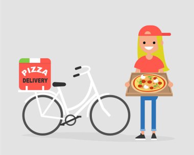 Pizza teslim Servisi. Margarita kutusuyla tutan genç kurye. Bisiklet. Düz düzenlenebilir vektör çizim, küçük resim