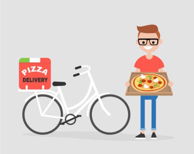 Pizza teslim Servisi. Margarita kutusuyla tutan genç kurye. Bisiklet. Düz düzenlenebilir vektör çizim, küçük resim